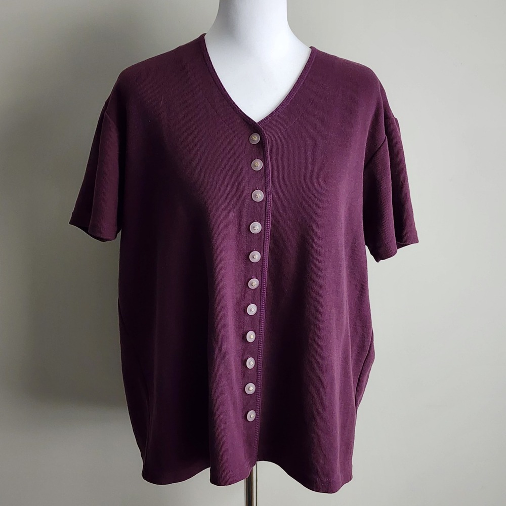 Vintage Purple Top Button Up Cardigan Womens Small Ribbed Knit Oversized Relaxed
